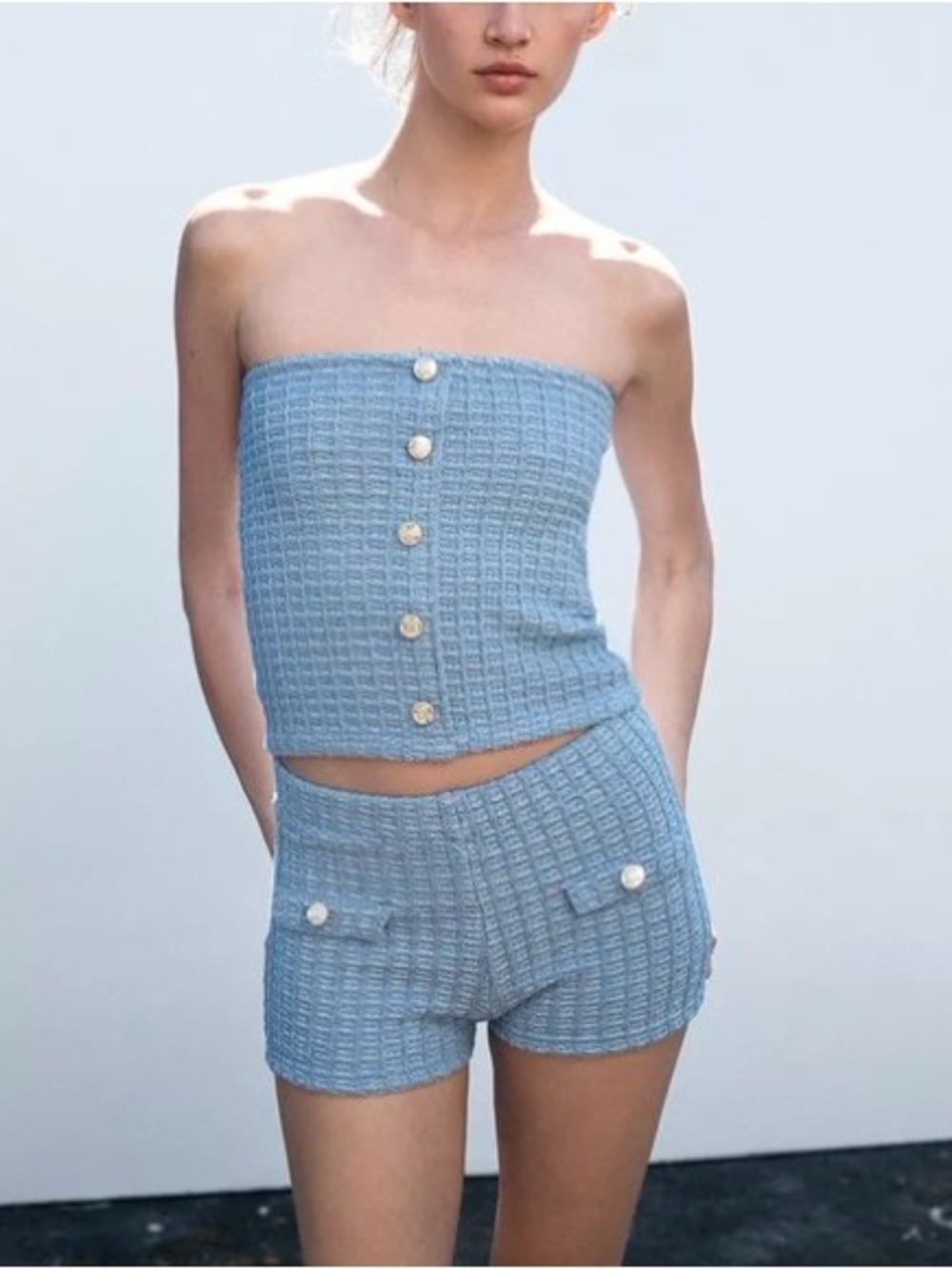 Zara Light Blue Ribbed Strapless Bandeau Top Gold Button Detail Tube Top